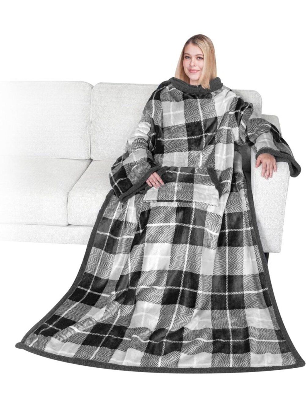 Cozy Sherpa Wearable Blanket with Sleeves & Pocket - Plush Thick Wrap for Adults